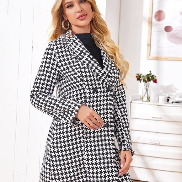 Tweed houndstooth  button fall jacket trench coat - Picture 2 of 5
